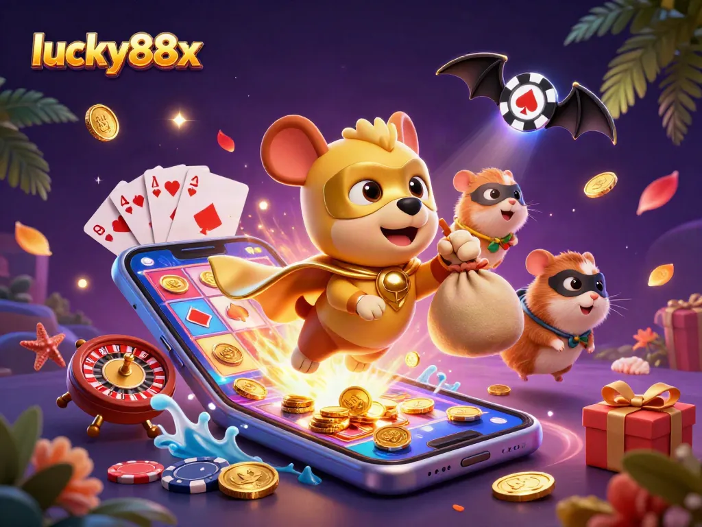 Spin the reels and win big with lucky88x in this vibrant 3D casino adventure illustration featuring energetic characters.