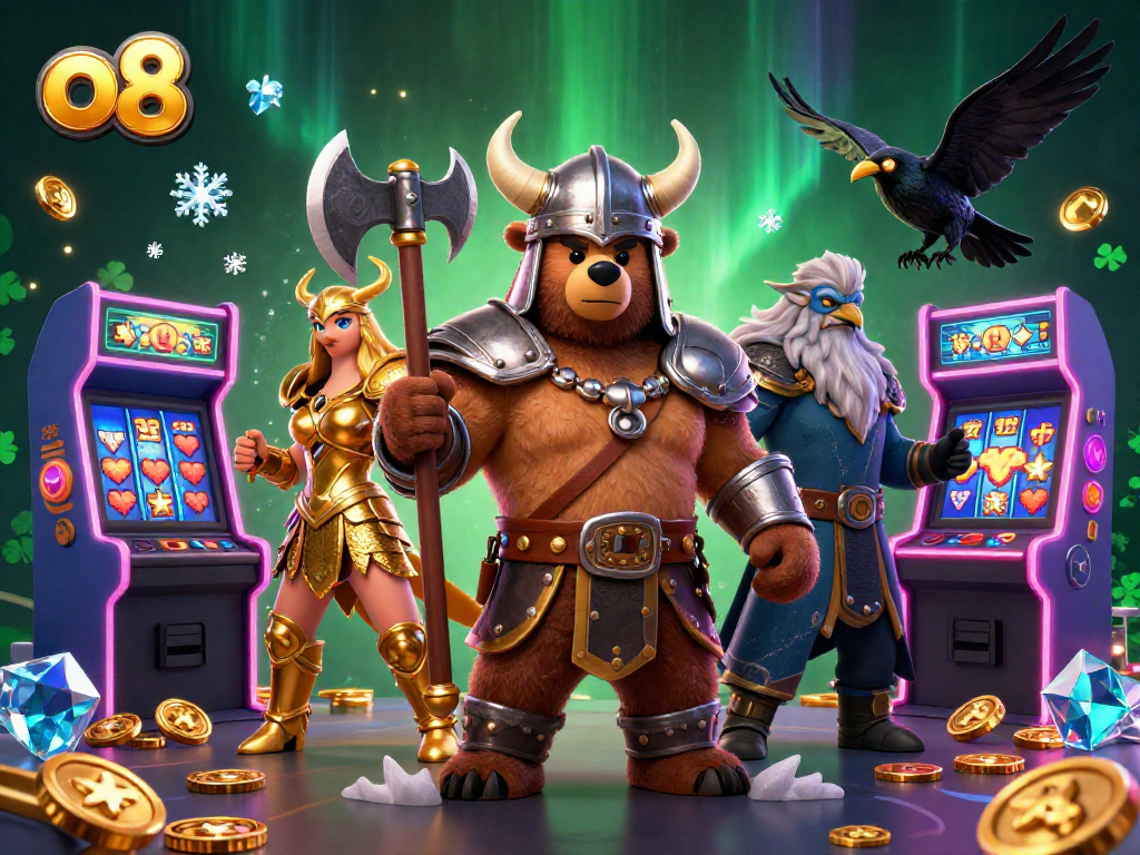 Engage with the vibrant o8 gambling experience featuring a Viking bear, Valkyrie eagle, and arcade elements.