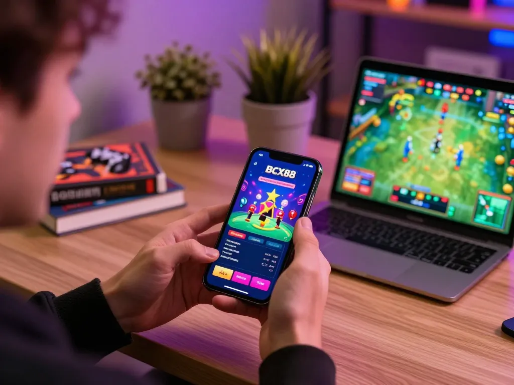 Engaging player using BCX88 app for online casino strategy in a cozy home setup