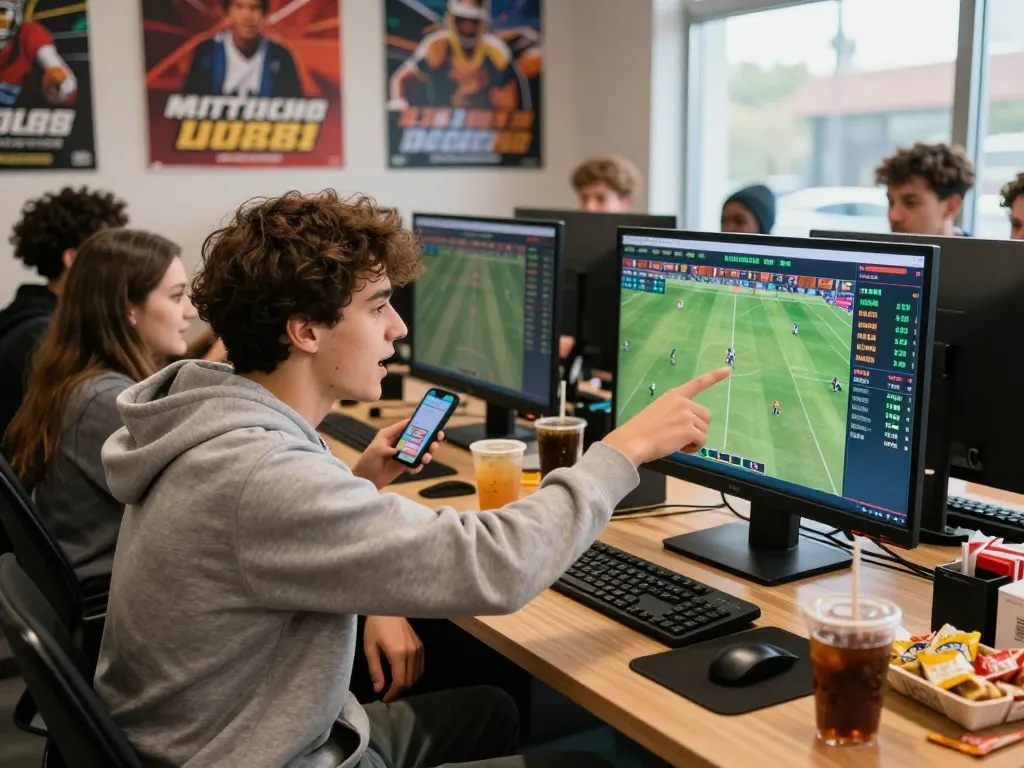 This vibrant scene at an online betting hub showcases friends engaging with uu88 as they enjoy live sports betting together.
