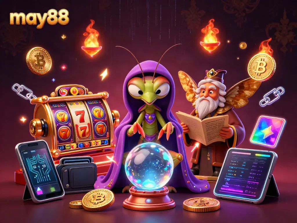 Engage in winning strategies at may88 with a mystical fortune teller and vibrant slot games illustration.