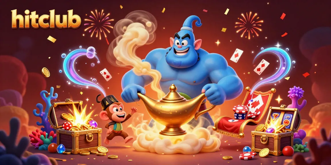 Spin and win at hitclub with an enchanting scene featuring a genie and poker chips amidst vibrant casino motifs.
