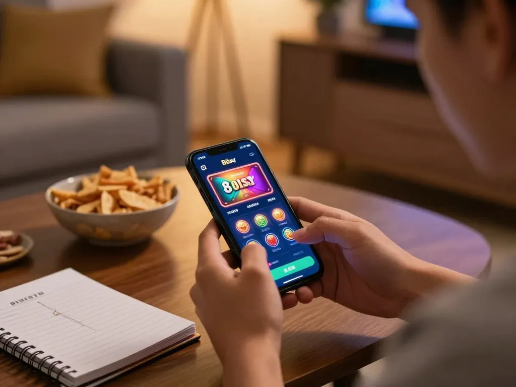 Engaging with 8day casino app on smartphone in cozy living room.
