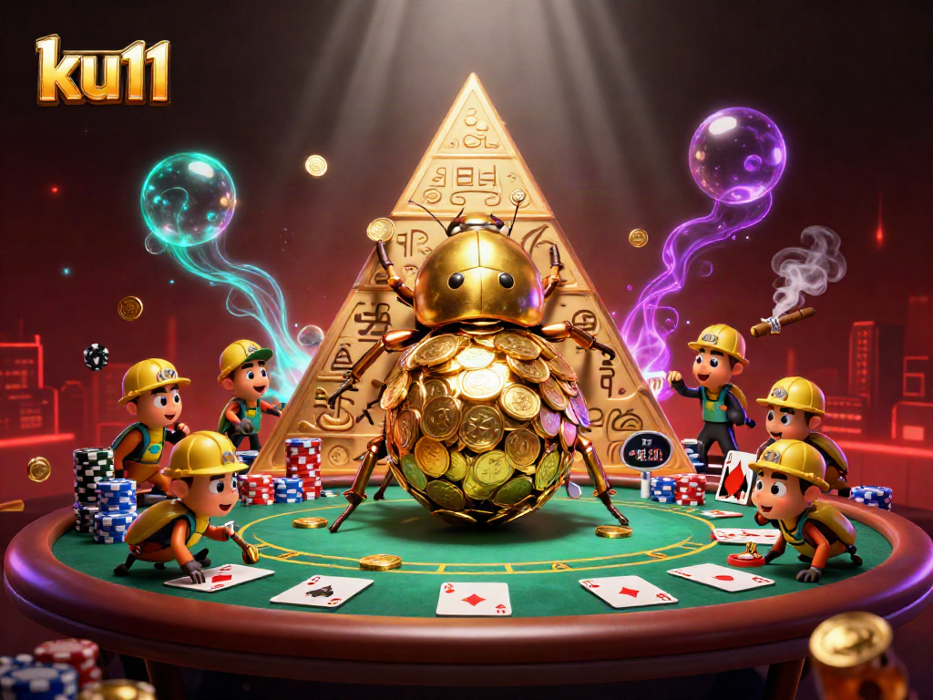 ku11 showcases a golden beetle rolling coins amidst poker elements in an engaging casino scene