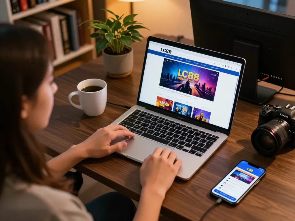 Person playing online casino games on LC88 platform at home, highlighting strategic engagement.