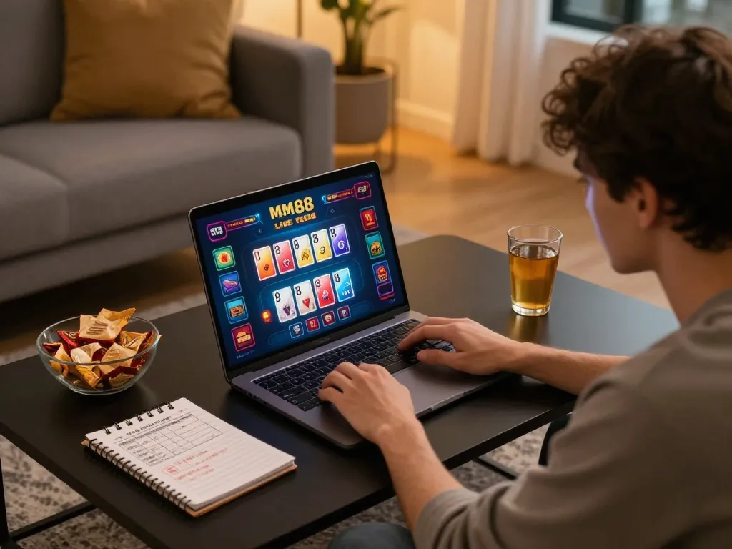 Engaging mm88 online gaming session at home, showcasing vibrant live casino interface and personal strategy notes.