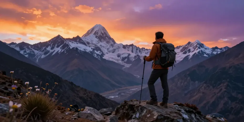 Un viajero en el Manaslu Circuit Trek disfrutando de un atardecer con vistas a las montañas nevadas.