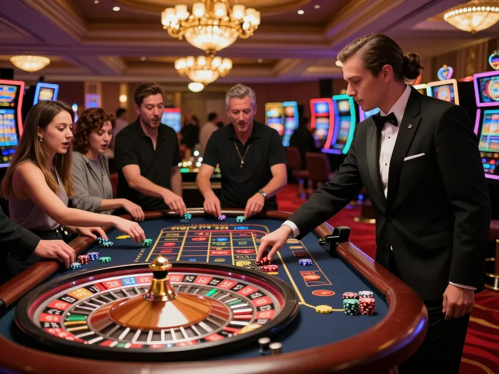 Players placing bets at the KK55 roulette table in a vibrant casino atmosphere.