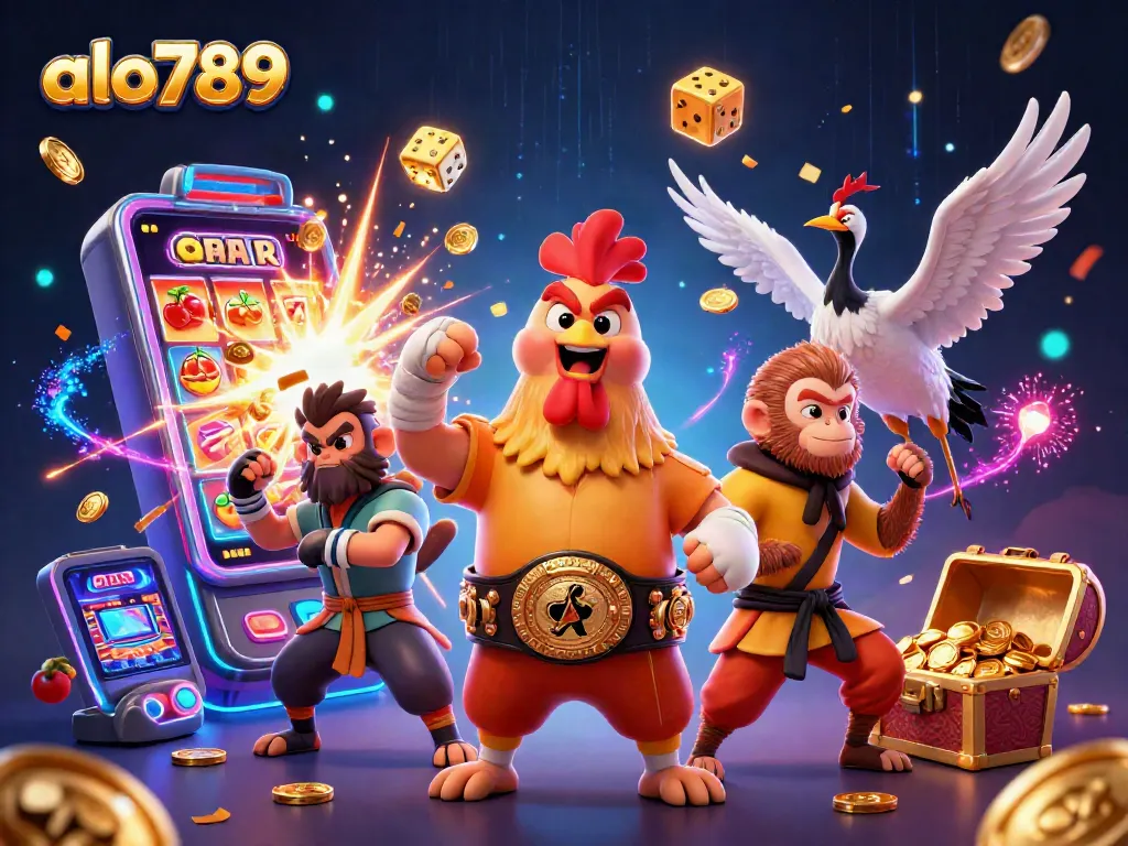 Alo789 gamblers engage in thrilling slot action with dynamic 3D characters and vibrant casino elements.