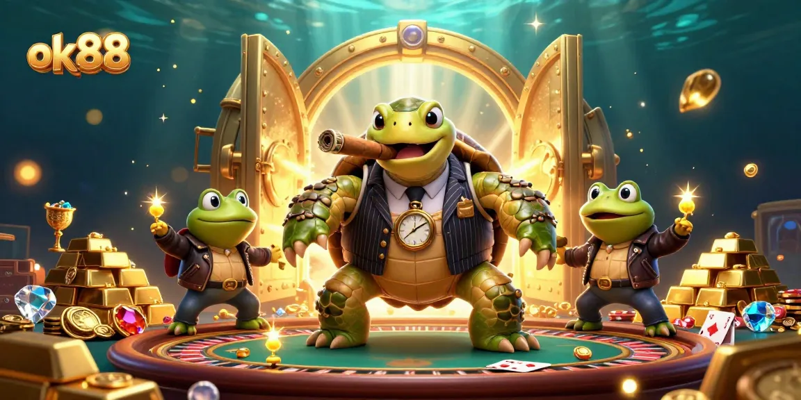 Experience excitement with ok88 in this cartoon scene featuring gambling elements and vibrant characters.