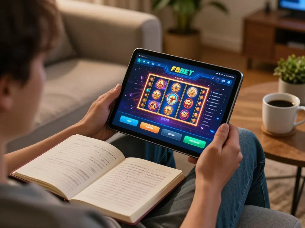 Person enjoying the F8BET casino app on a tablet, engaged in responsible gaming at home.
