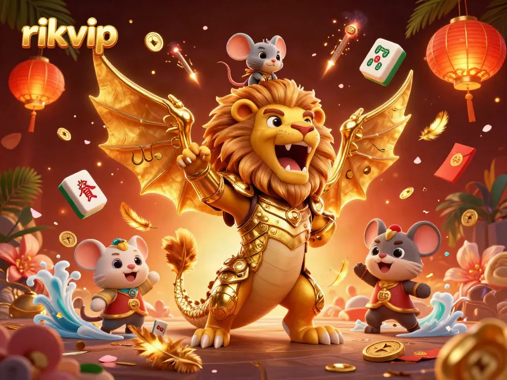 Play exciting games and win big with rikvip, featuring a vibrant carnival scene filled with golden treasures and magical elements.