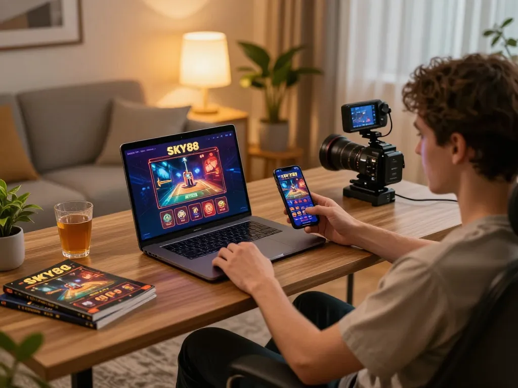 Engaging with SKY88 online casino on laptop while tracking game strategies in stylish home