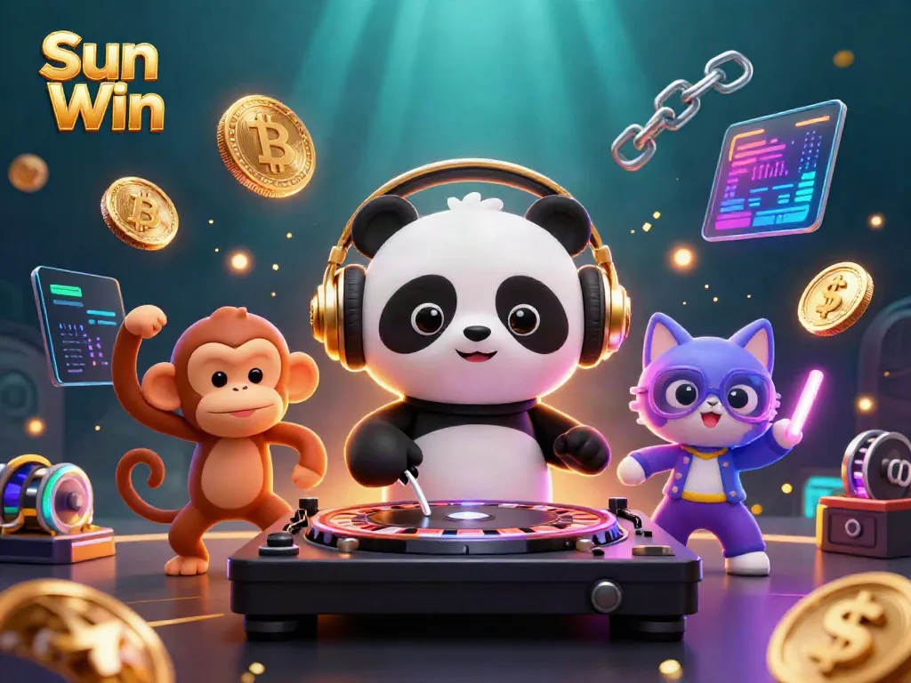 Engage in thrilling action with Sun Win as the DJ panda spins on roulette turntables amidst vibrant casino atmosphere.