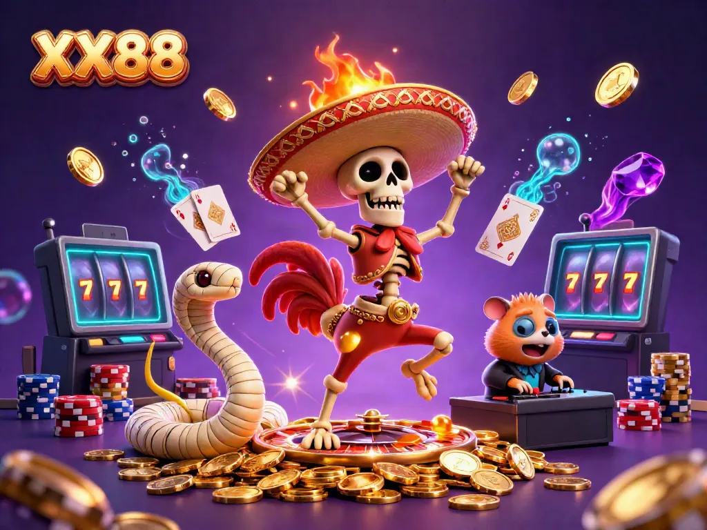 Experience the vibrant casino world with XX88 featuring a lively skeleton mariachi and golden coins.