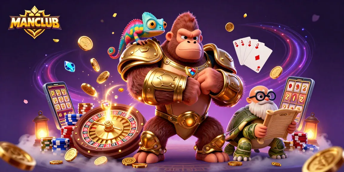 Experience thrilling gameplay at MANCLUB with vibrant casino characters, coin explosions, and exciting gambling elements.