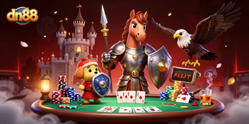 Experience thrilling poker action with dn88 in a vibrant casino scene featuring knights and cards.