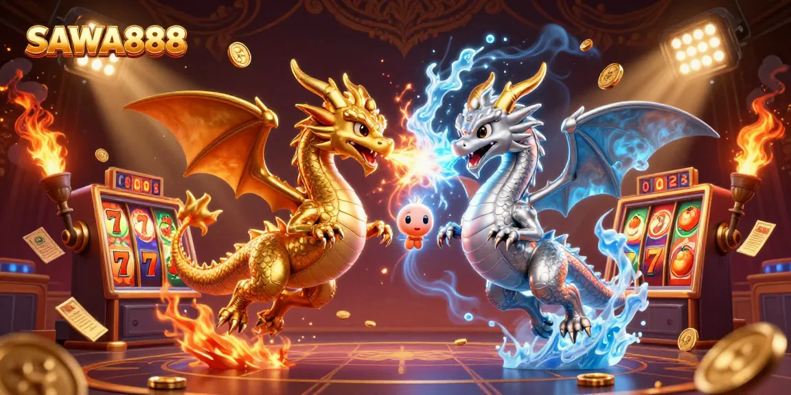 Experience thrilling spins at SAWA888 with dynamic dragons and vibrant casino elements in an exciting 3D illustration.