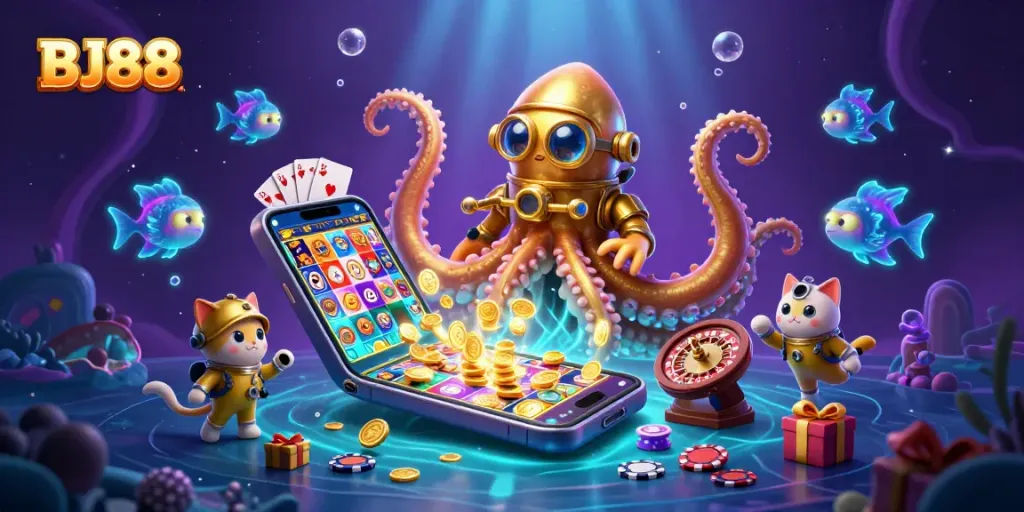 BJ88 showcases thrilling slots with a kraken and diving cat in a vibrant underwater scene.