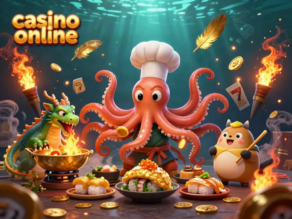 Step into the fun world of casino online with a dynamic scene featuring an octopus chef, dragon, and tanuki!