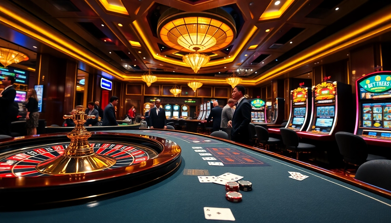 THABET casino scene showcasing vibrant gaming tables and excited gamblers.