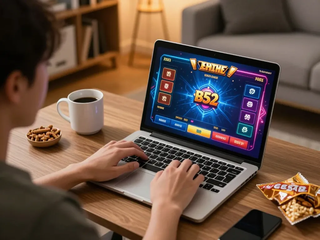 Engaged player enjoys b52 casino gaming on laptop with colorful interface at home