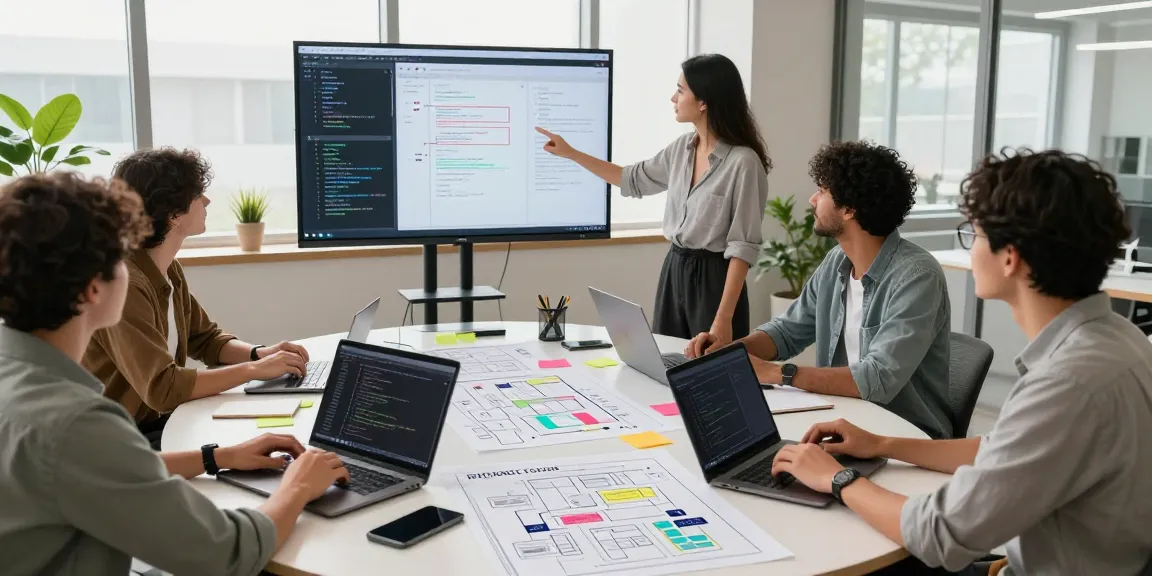 Build internal tools with AI in a collaborative workspace, showcasing diverse professionals engaged in software development.