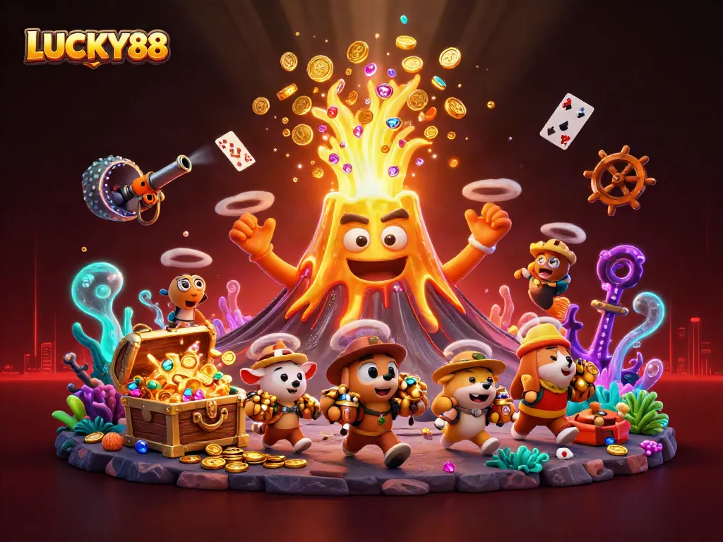 Join the fun at LUCKY88 with treasures erupting from a victorious golden volcano.