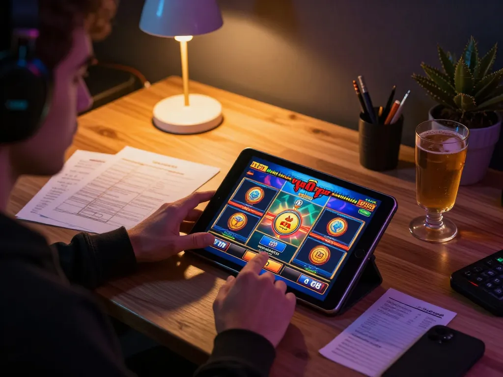 Player enjoying NOHU online slot game on tablet at a cozy gaming setup with strategy notes.