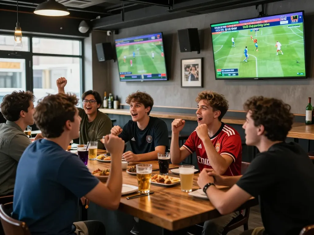 Excited fans discussing tỷ lệ kèo bóng đá in a vibrant sports bar during a live match.