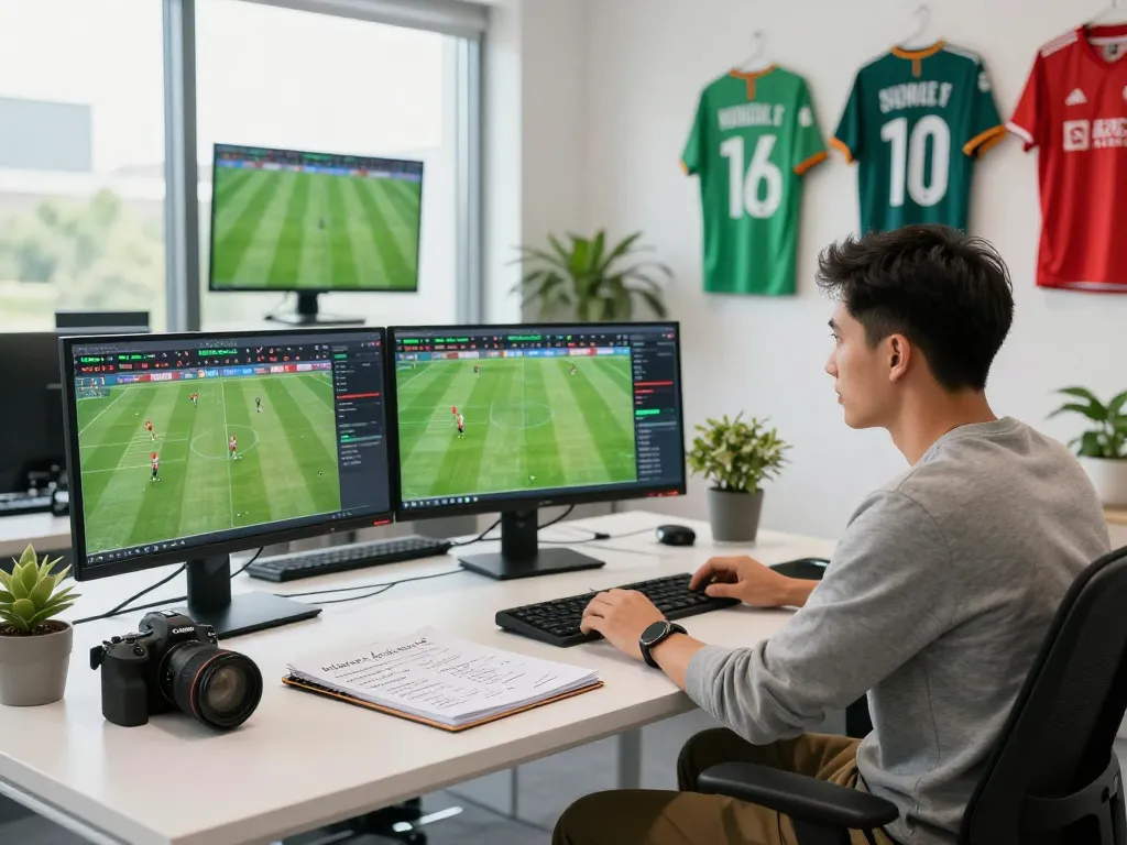 Football analyst using NOWGOAL live scores and data, showcasing dynamic analysis in a modern office.