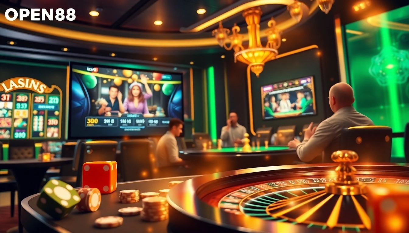 Players enjoying a thrilling gambling experience at OPEN88 with vibrant casino elements.