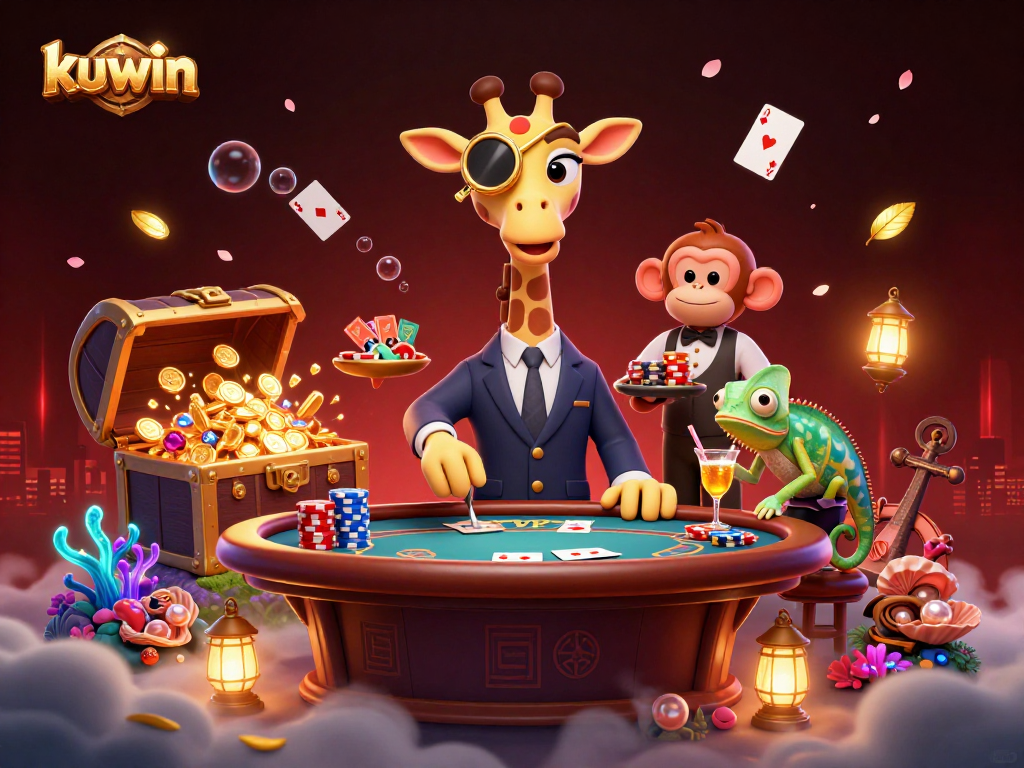 kuwin-themed illustration showing a giraffe at a poker table with vibrant casino elements.