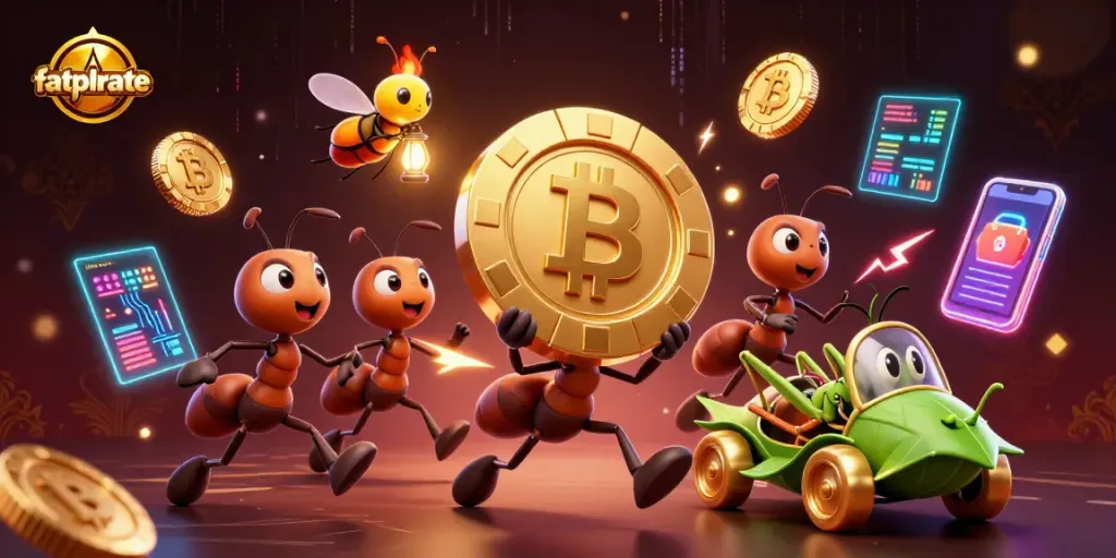 fatpirate ants transport golden poker chip while avoiding obstacles in a vibrant casino heist scene.