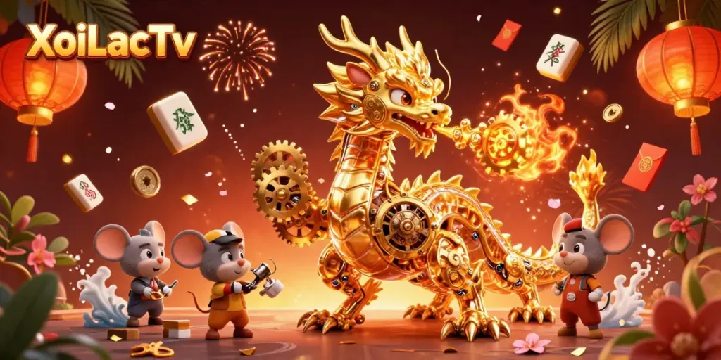 XoiLacTv celebrates rich casino culture with dynamic golden dragon, festive lanterns, and vibrant gaming elements.