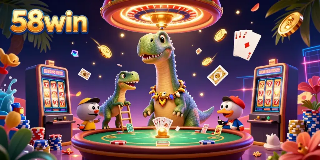 Experience thrilling gameplay with 58win's vibrant casino scene featuring dynamic characters and rich game elements.