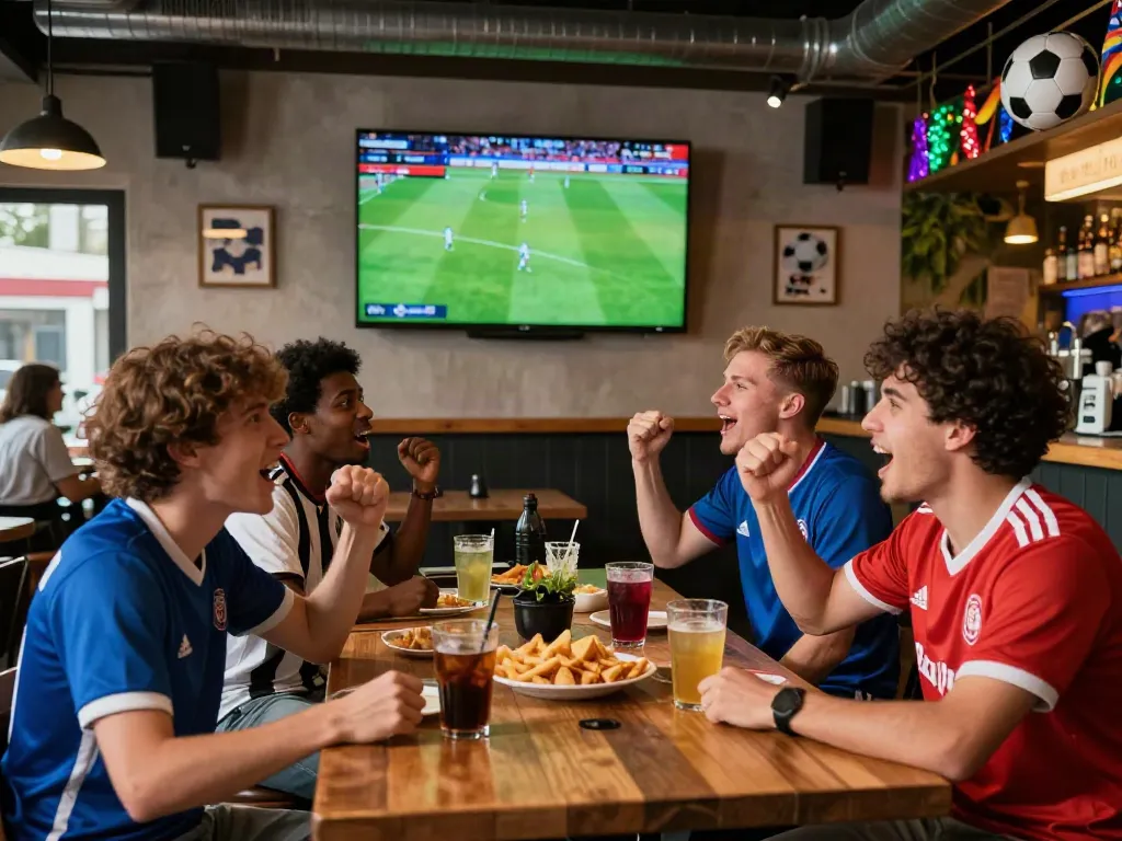 Friends celebrating and watching Gavangtv live soccer match at a sports bar.