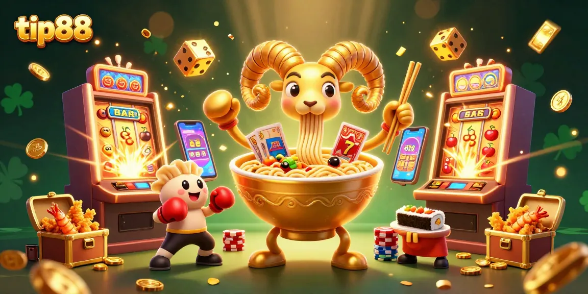 Win at tip88 with a vibrant 3D casino scene featuring a golden ramen bowl and dynamic game elements.