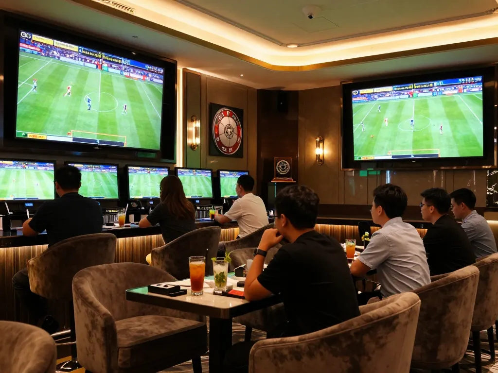 Engaged gamblers placing bets while watching live football at Luongsontv’s upscale sports betting lounge.