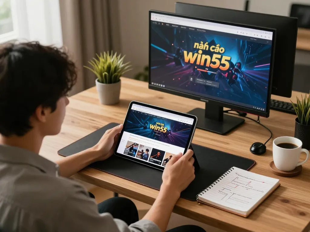 Person exploring nhà cái win55 on tablet for online gaming strategies in a stylish home setting.