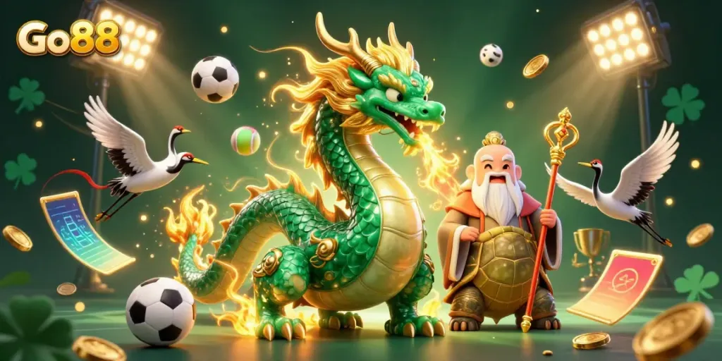Experience thrilling gaming adventures at Go88 with a vivid fantasy scene and iconic symbols.