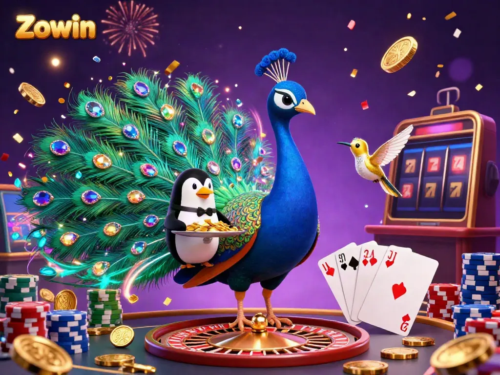 Zowin showcases an aristocratic peacock and a butler penguin in a vibrant casino scene filled with dynamic gaming elements.