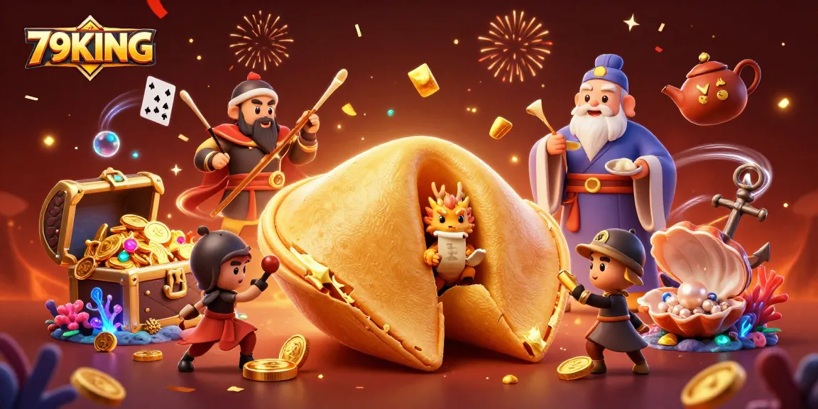 Catch the excitement of 79KING with a dynamic 3D illustration featuring golden fortunes and gaming treasures.