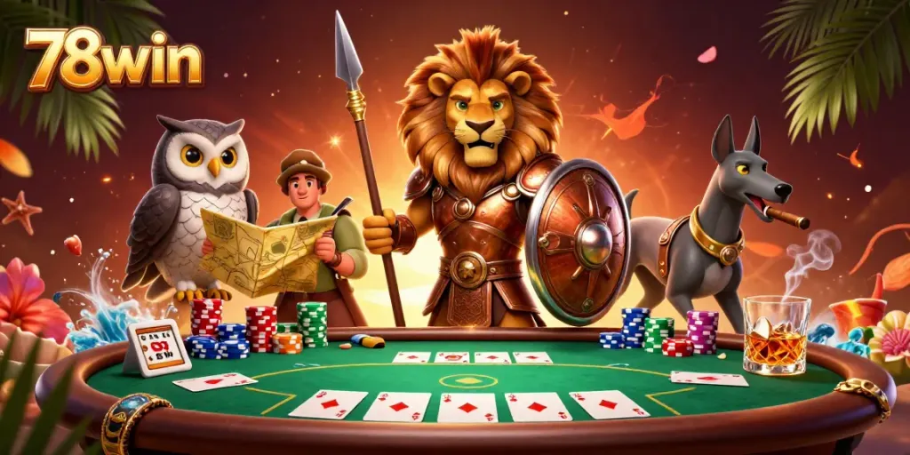 Experience high-stakes poker action with the 78win Spartan lion and strategic owl in a vibrant casino scene.