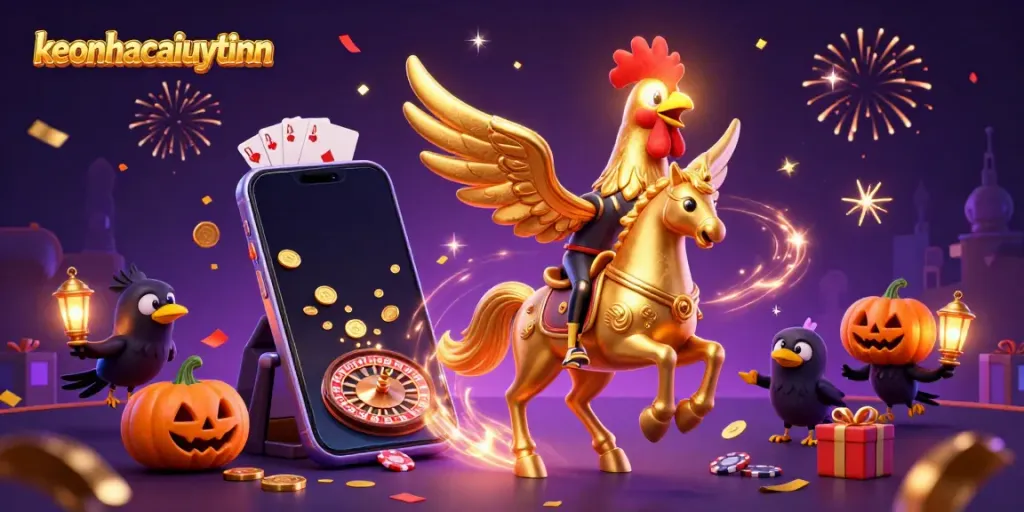 Experience gaming excitement with keonhacaiuytinn as golden rooster and spectral horse roam a vibrant casino.