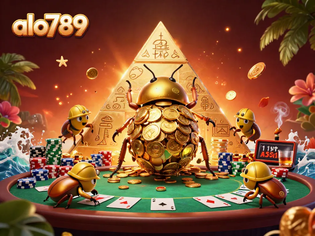 Bet at alo789 while enjoying the action of a vibrant 3D casino scene filled with poker elements and golden coins.