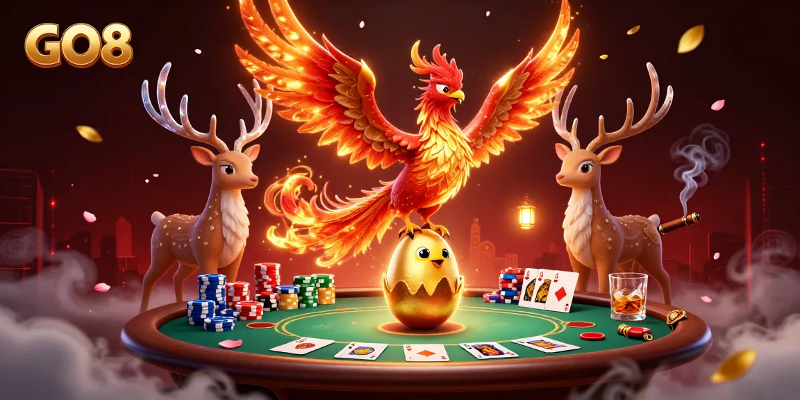 Join the excitement at GO8 with the fire phoenix symbolizing luck amid a dynamic casino scene.