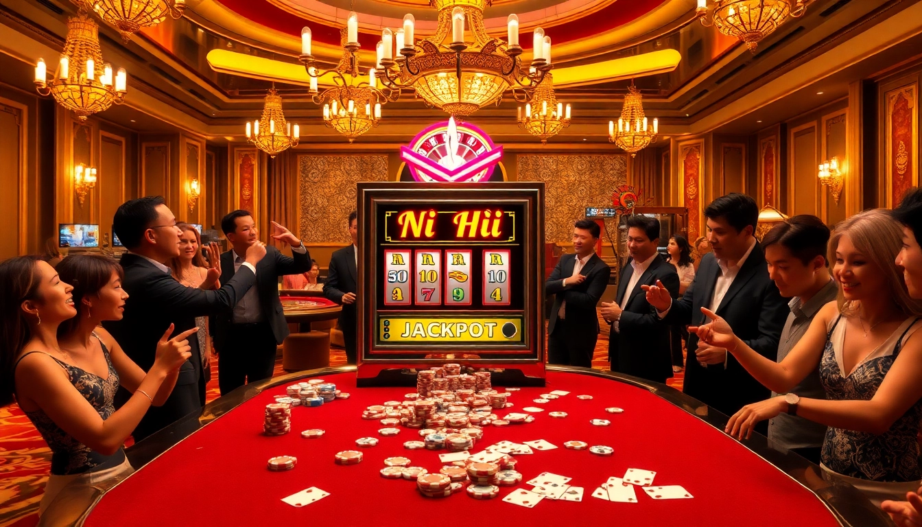 Experience the thrill of nổ hũ as players engage at a vibrant casino gaming table with a jackpot slot machine.