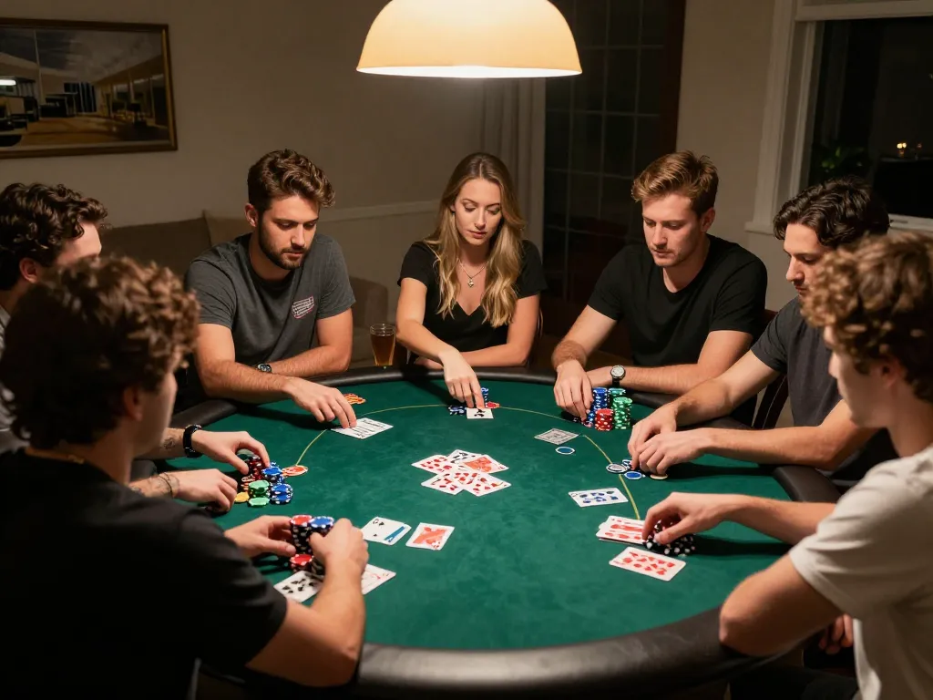 THABET players strategizing during a lively poker game at home, vibrant chips and cards visible.