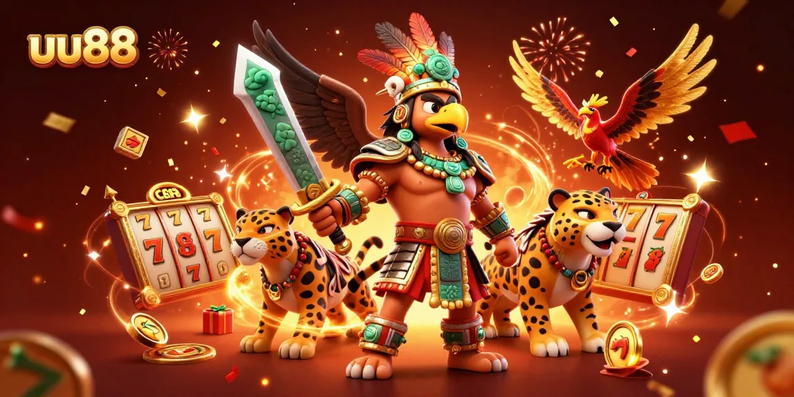 Win big with uu88 in this vibrant 3D casino scene featuring jackpots, warriors, and festive elements.